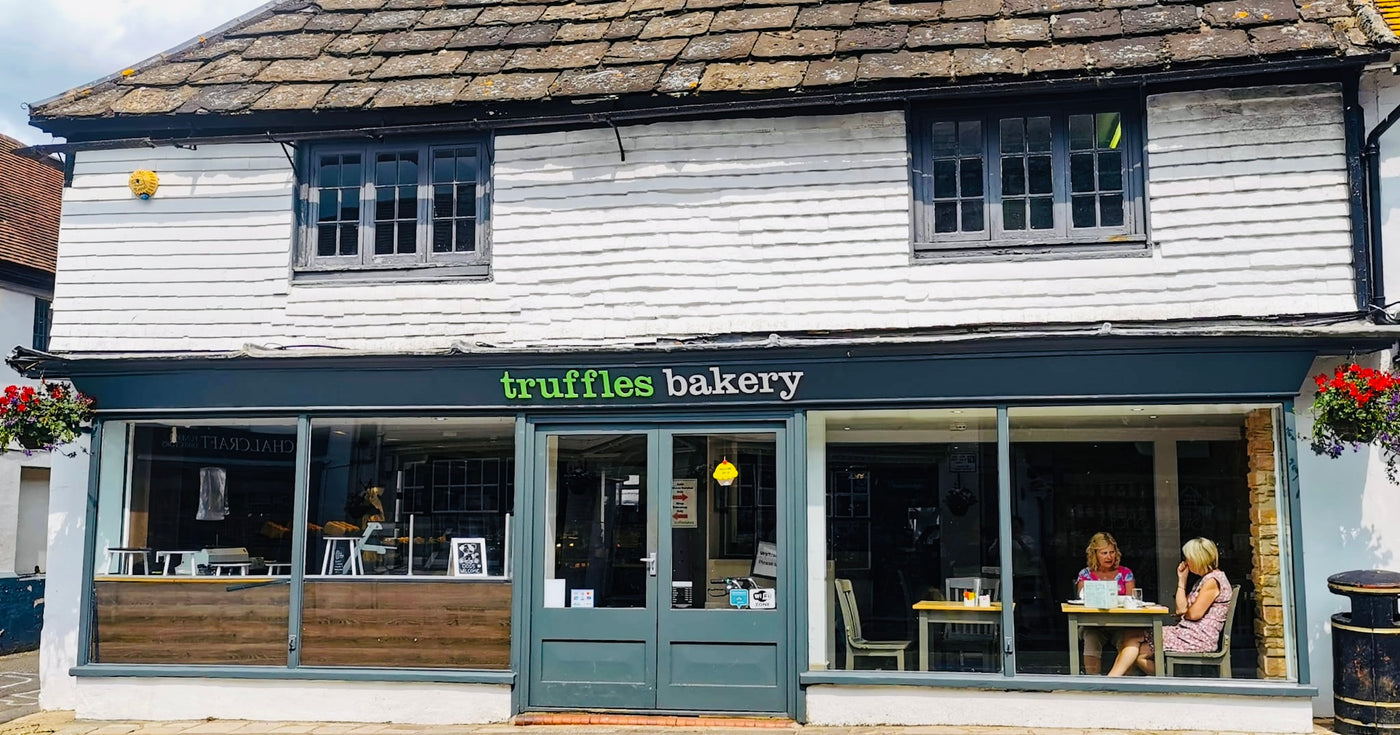 The Truffles Bakery shopfront on Steyning High Street, a timber-framed Sussex building
